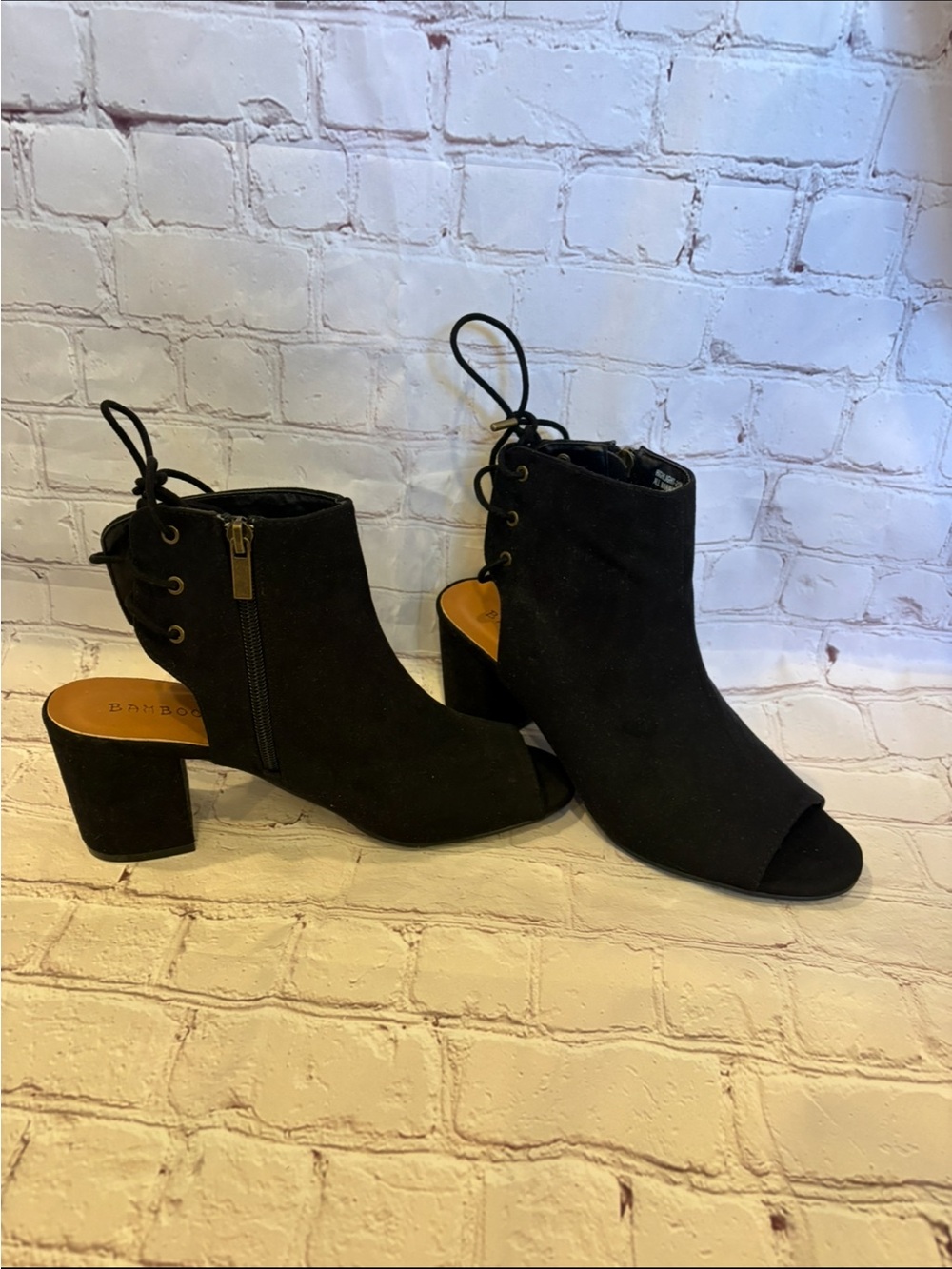 BAMBOO Black Peep-Toe Lace-Up Block Heel Booties